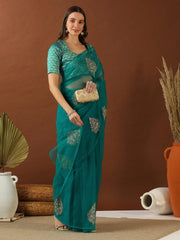 Turquoise Ethnic Motifs Zari Net Saree