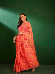 Orange Floral Printed Saree