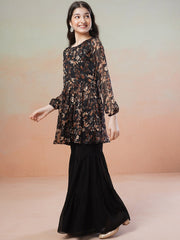 Girls Black Floral Printed Round Neck Empire Satin Kurta with Sharara