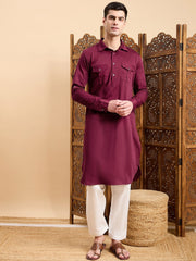 Maroon Roll-Up Sleeves Pathani Kurta With Pyjama