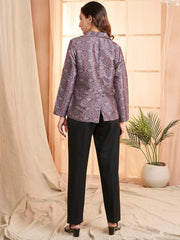 Mauve Floral Printed Lapel Collar Formal Tailored Jacket