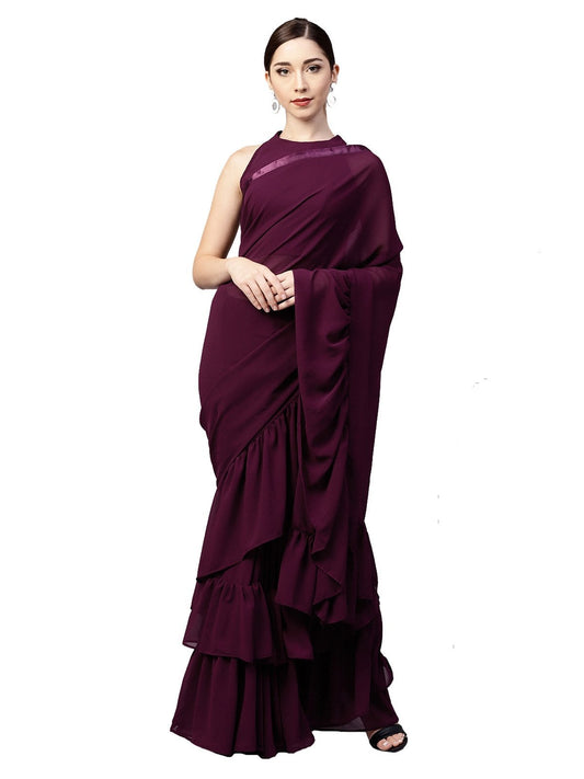 Burgundy Solid Ruffle Saree