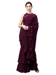 Burgundy Solid Ruffle Saree