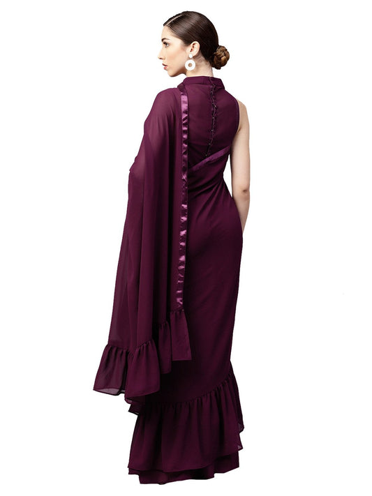 Burgundy Solid Ruffle Saree