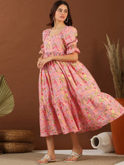 Pink Floral Printed Pure Cotton Fit & Flared Ethnic Dress