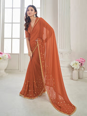 Rust Ethnic Motifs Sequinned Poly Georgette Saree