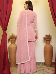 Pink Sequence Embroidered Kurta With Sharara & Dupatta