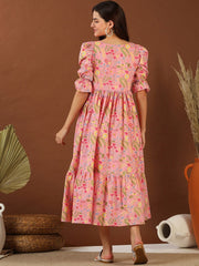 Pink Floral Printed Pure Cotton Fit & Flared Ethnic Dress