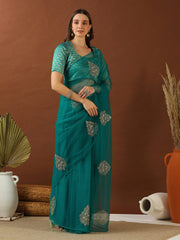 Turquoise Ethnic Motifs Zari Net Saree