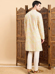 Yellow Geometric Embroidered Mandarin Collar Straight Kurta