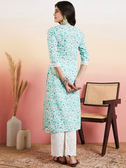 Green Round Neck Ethnic Motifs Printed Chikankari Straight Kurta with Palazzos