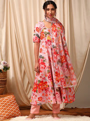 Pink Women Floral Printed Empire Gotta Patti Kurta with Trousers & With Dupatta