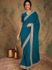 Teal blue Sequinned Detailed Pure Georgette Saree