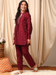 Maroon Woven Design Top With Trousers Co-Ords