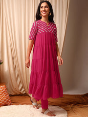 Pink Women Ethnic Motifs Embroidered Tiered Thread Work Kurta with Trousers
