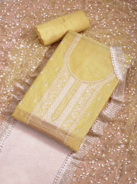 Yellow Floral Embroidered Sequinned Unstitched Dress Material