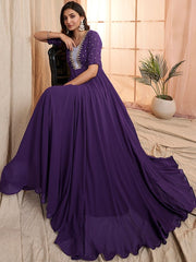 Purple Floral Embroidered V-Neck Georgette Maxi Ethnic Motifs Dress