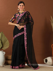 Black And Pink Embroidered Organza Saree