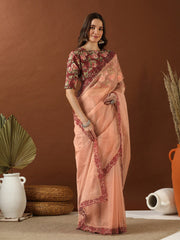 Peach Embroidered Organza Saree