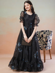 Girls Floral Printed Puff Sleeves Organza Maxi Ethnic Dress