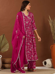 Red V Neck Gotta Patti Floral Printed Angrakha Gotta Patti Kurta with Palazzo & Dupatta