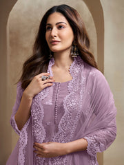 Amyra Dastur Lavender Floral Embroidered Regular Thread Work A-Line Kurta with Trousers & Dupatta