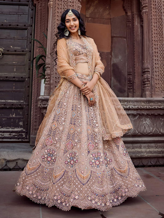 Beige Net Fabric Sequins embroidery Semi Stitched Lehenga & Unstitched Blouse With Dupatta