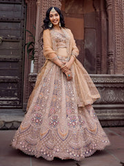 Beige Net Fabric Sequins embroidery Semi Stitched Lehenga & Unstitched Blouse With Dupatta