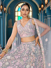 Grey  Net Fabric Sequins embroidery Semi Stitched Lehenga & Unstitched Blouse With Dupatta