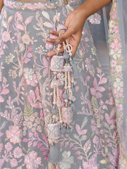 Grey  Net Fabric Sequins embroidery Semi Stitched Lehenga & Unstitched Blouse With Dupatta