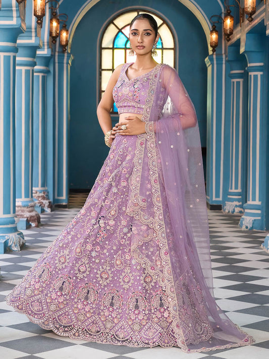 Mauve  Net Fabric Sequins embroidery Semi Stitched Lehenga & Unstitched Blouse With Dupatta
