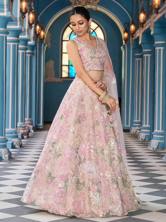 Cream  Tissue Fabric Sequins Thread & Embroidery Semi Stitched Lehenga Choli & Dupatta