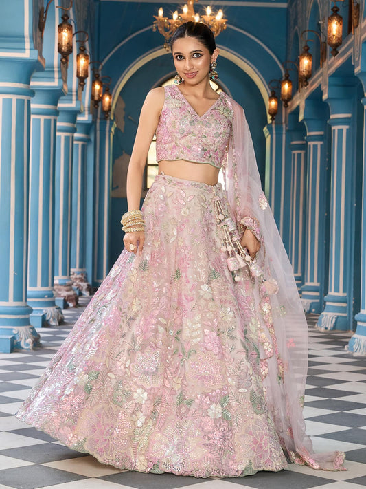 Cream  Tissue Fabric Sequins Thread & Embroidery Semi Stitched Lehenga Choli & Dupatta