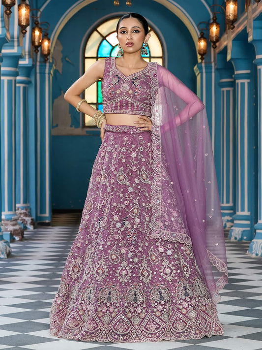 Lavender  Net Fabric Sequins embroidery Semi Stitched Lehenga & Unstitched Blouse With Dupatta