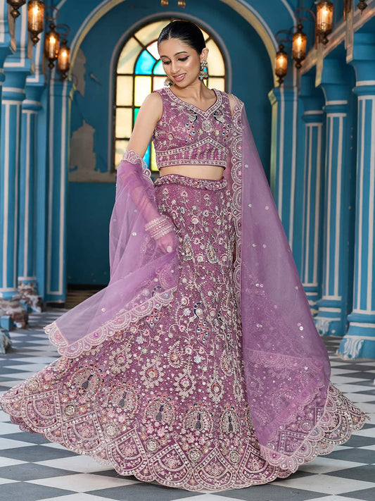 Lavender  Net Fabric Sequins embroidery Semi Stitched Lehenga & Unstitched Blouse With Dupatta