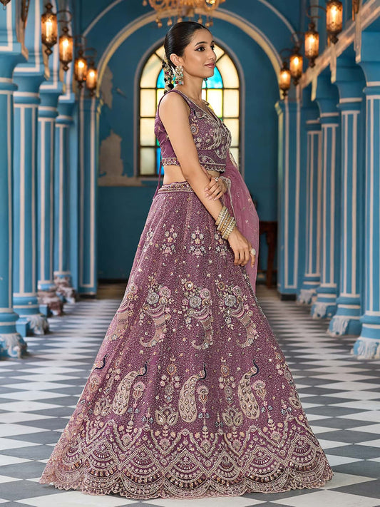 Lavender  Net Fabric Sequins embroidery Semi Stitched Lehenga & Unstitched Blouse With Dupatta