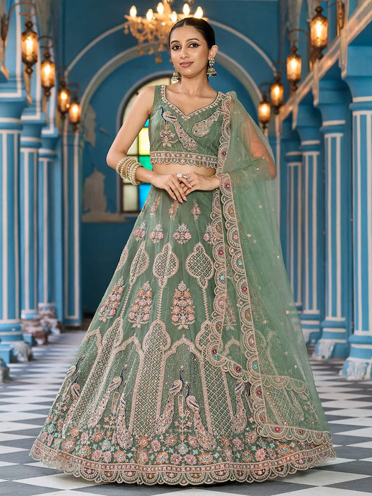 Green  Net Fabric Sequins embroidery Semi Stitched Lehenga & Unstitched Blouse With Dupatta