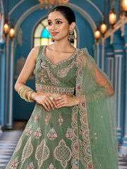 Green  Net Fabric Sequins embroidery Semi Stitched Lehenga & Unstitched Blouse With Dupatta