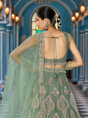 Green  Net Fabric Sequins embroidery Semi Stitched Lehenga & Unstitched Blouse With Dupatta
