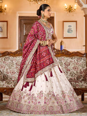 Cream  Tissue Fabric Sequins embroidery Semi Stitched Lehenga & Unstitched Blouse With Maroon Color Dupatta