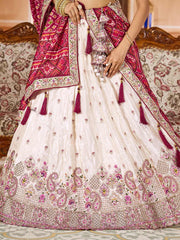 Cream  Tissue Fabric Sequins embroidery Semi Stitched Lehenga & Unstitched Blouse With Maroon Color Dupatta