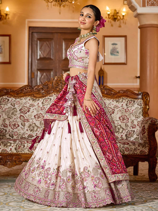 Cream  Tissue Fabric Sequins embroidery Semi Stitched Lehenga & Unstitched Blouse With Maroon Color Dupatta