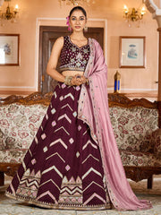 Brown  Silk Fabric Sequins embroidery Semi Stitched Lehenga & Unstitched Blouse With Dupatta