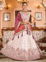 Cream  Tissue Fabric Sequins embroidery Semi Stitched Lehenga & Unstitched Blouse With Burgundy Color Dupatta