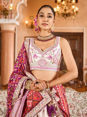 Cream  Tissue Fabric Sequins embroidery Semi Stitched Lehenga & Unstitched Blouse With Burgundy Color Dupatta