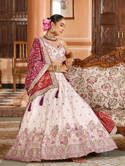 Cream  Tissue Fabric Sequins embroidery Semi Stitched Lehenga & Unstitched Blouse With Burgundy Color Dupatta