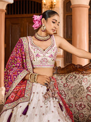 Cream  Tissue Fabric Sequins embroidery Semi Stitched Lehenga & Unstitched Blouse With Burgundy Color Dupatta
