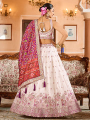 Cream  Tissue Fabric Sequins embroidery Semi Stitched Lehenga & Unstitched Blouse With Burgundy Color Dupatta