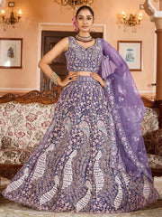 Purple  Net Fabric Sequins embroidery Semi Stitched Lehenga & Unstitched Blouse With Dupatta