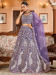 Purple  Net Fabric Sequins embroidery Semi Stitched Lehenga & Unstitched Blouse With Dupatta